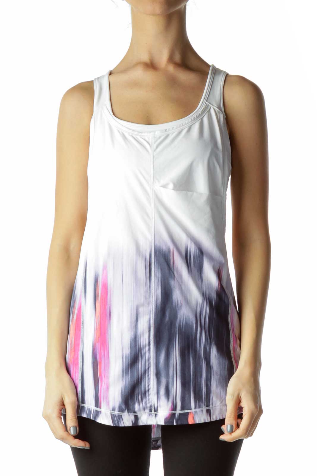 White Print Yoga Top with Built-In Bra Front