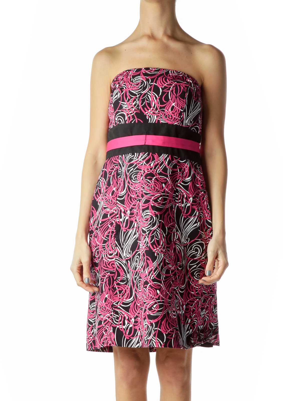Pink Black Print Strapless Dress Front