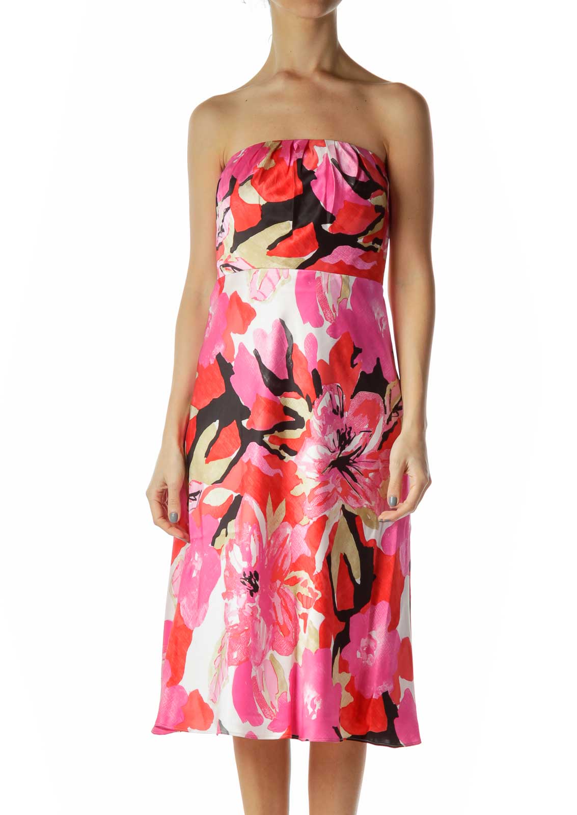 Pink Red Floral Print Silk Dress Front