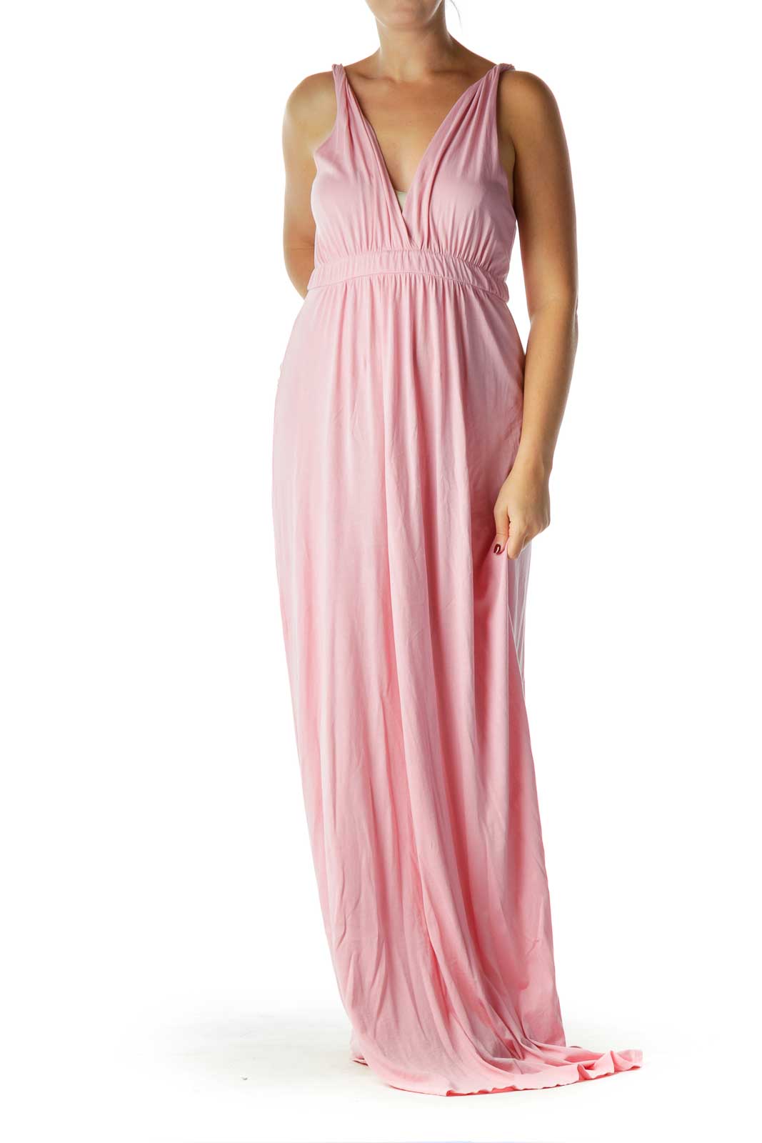 Pink V-Neck Maxi Dress Front