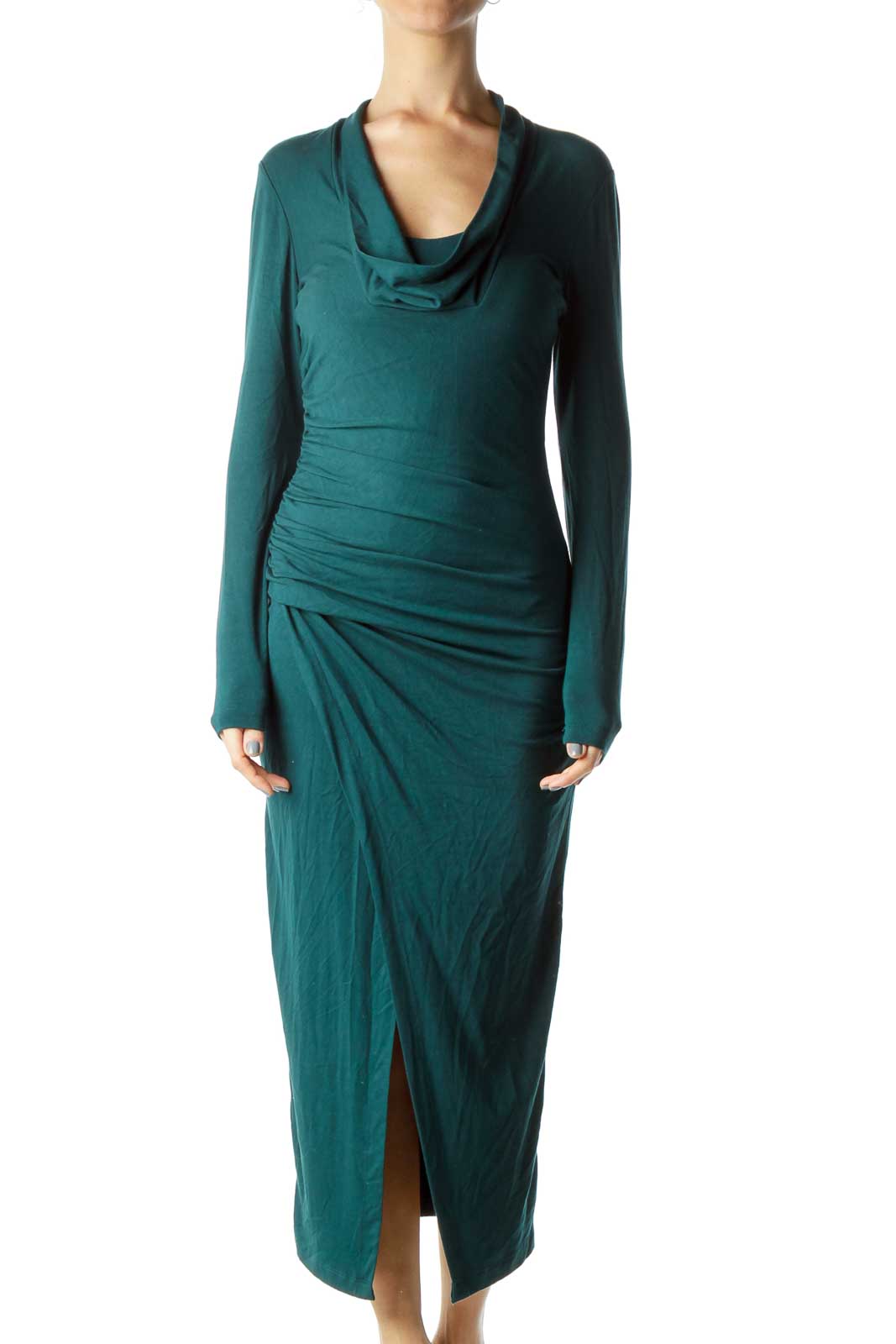 Dark Green Cowl Neck Fitted Jersey Dress Front
