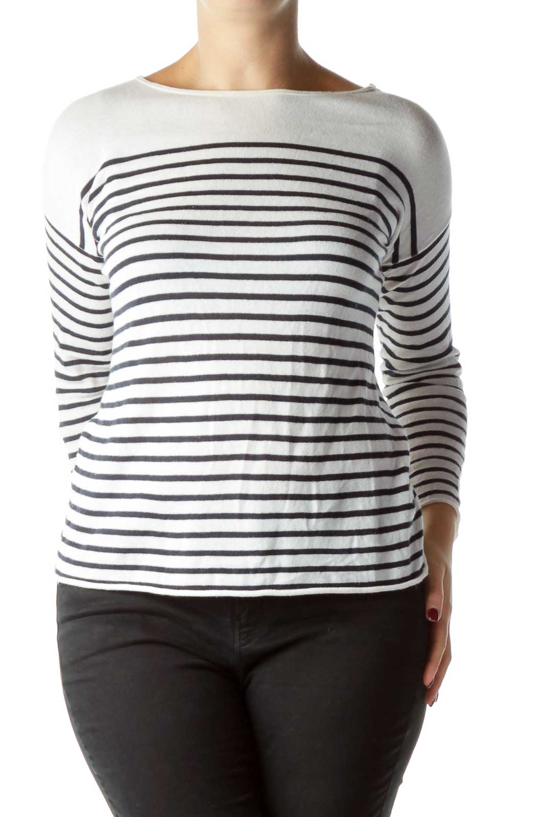 Cream Striped Cotton Sweater Front