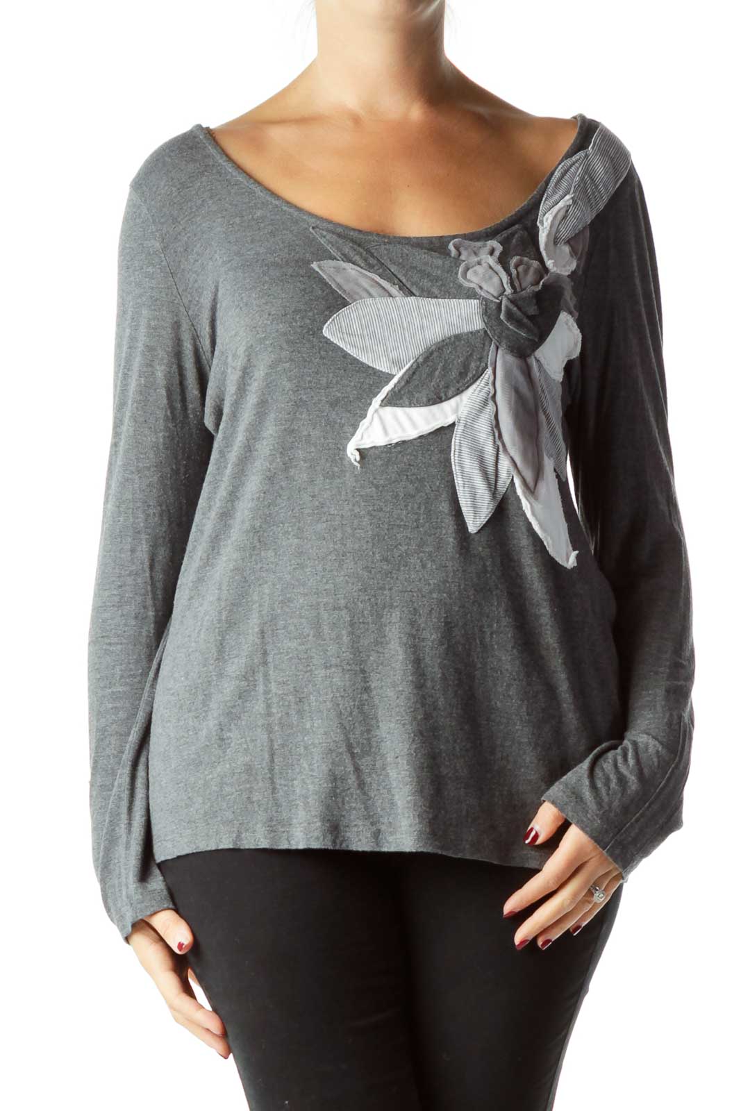 Gray Long Sleeve Top with Flower Design Front