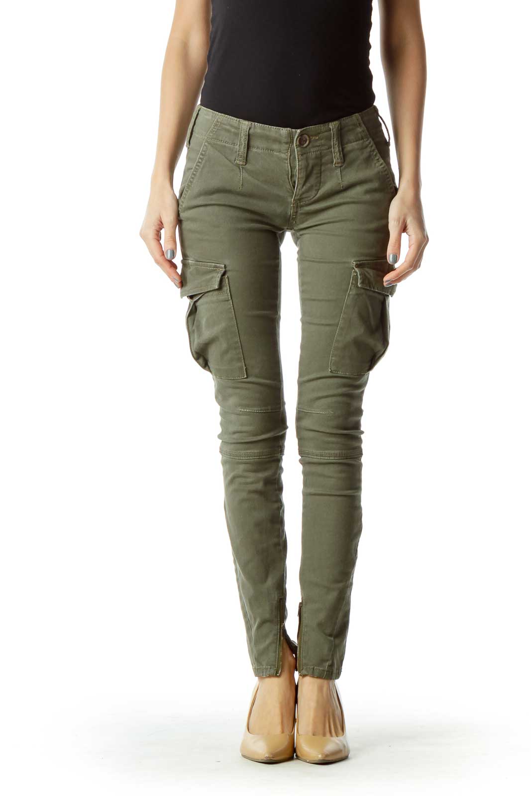 Green Button-Fly Pocketed Cargo Pants Front