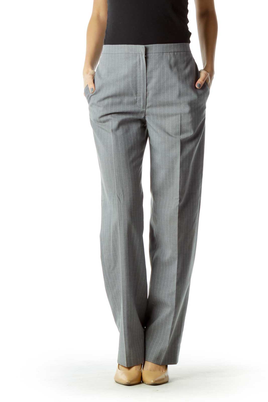 Gray Striped Straight-Leg Pants Front