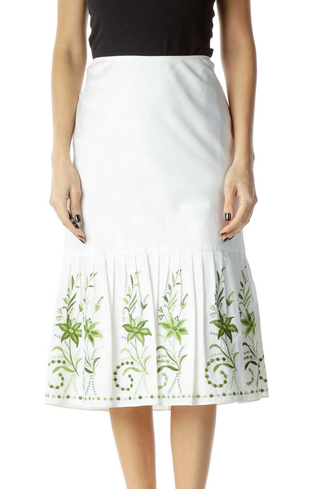 White Green Embroidered A-Line Skirt Front