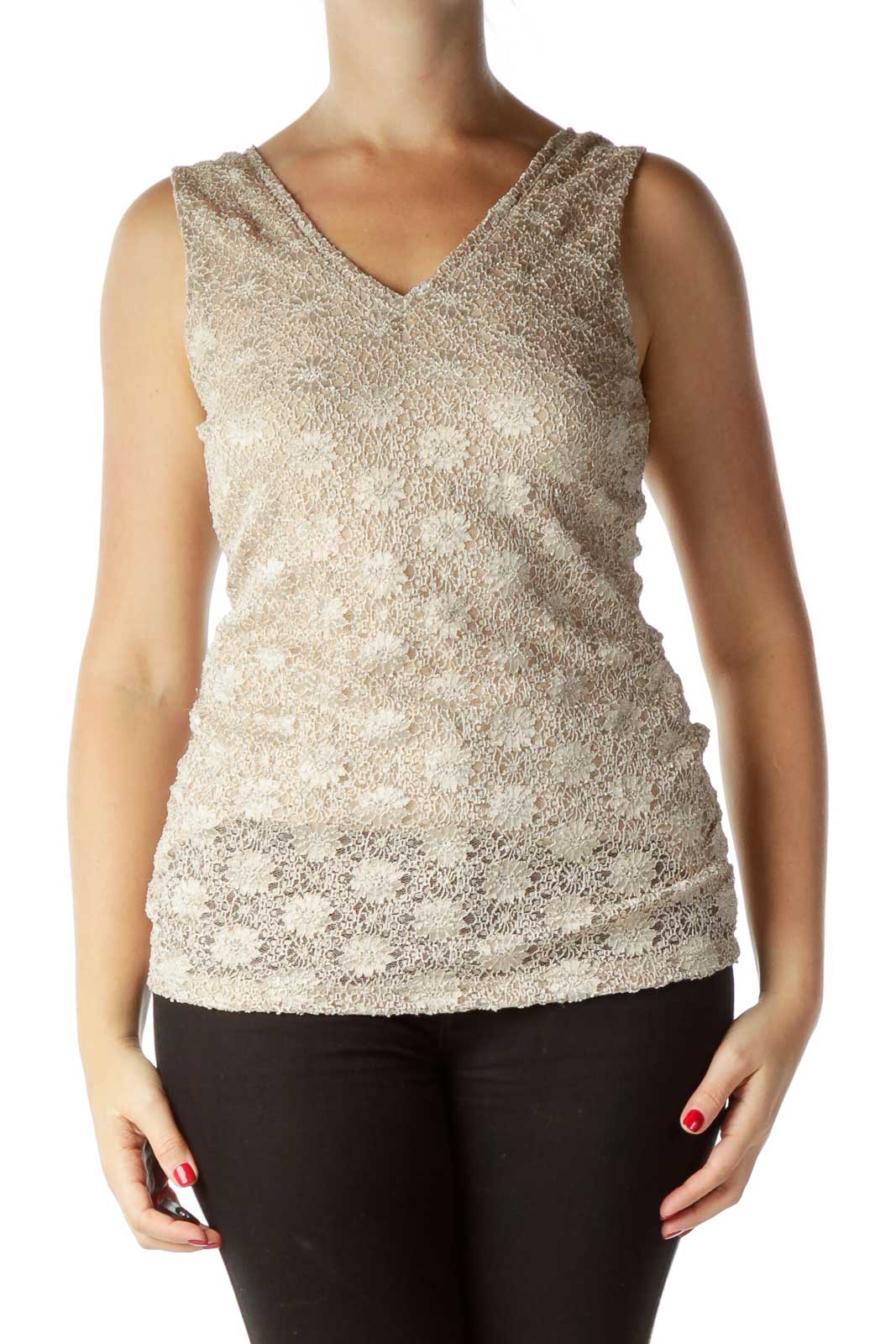 Cream Lace Sleeveless Top Front