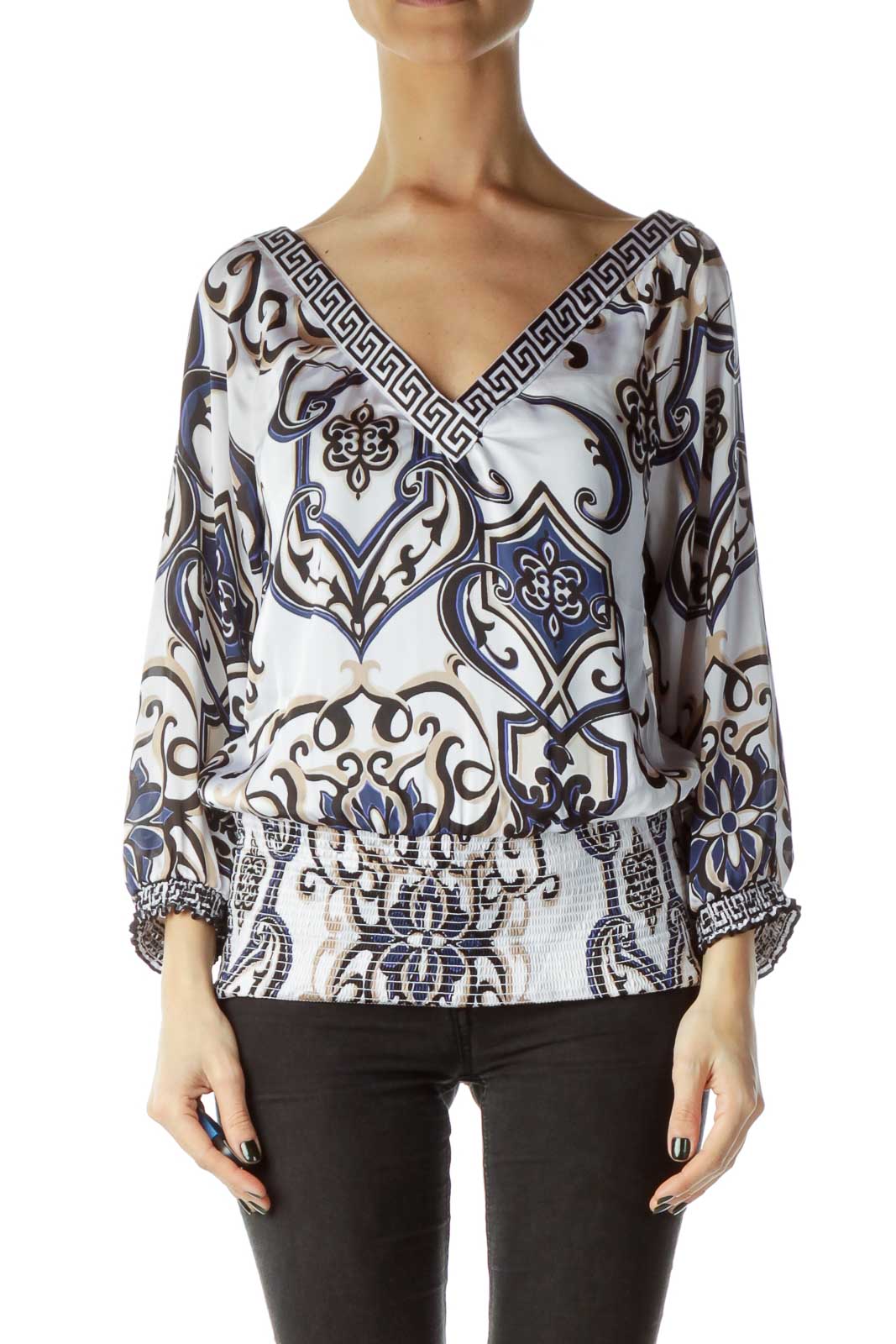 Cream Printed 3/4 Sleeve Ruched Blouse Front