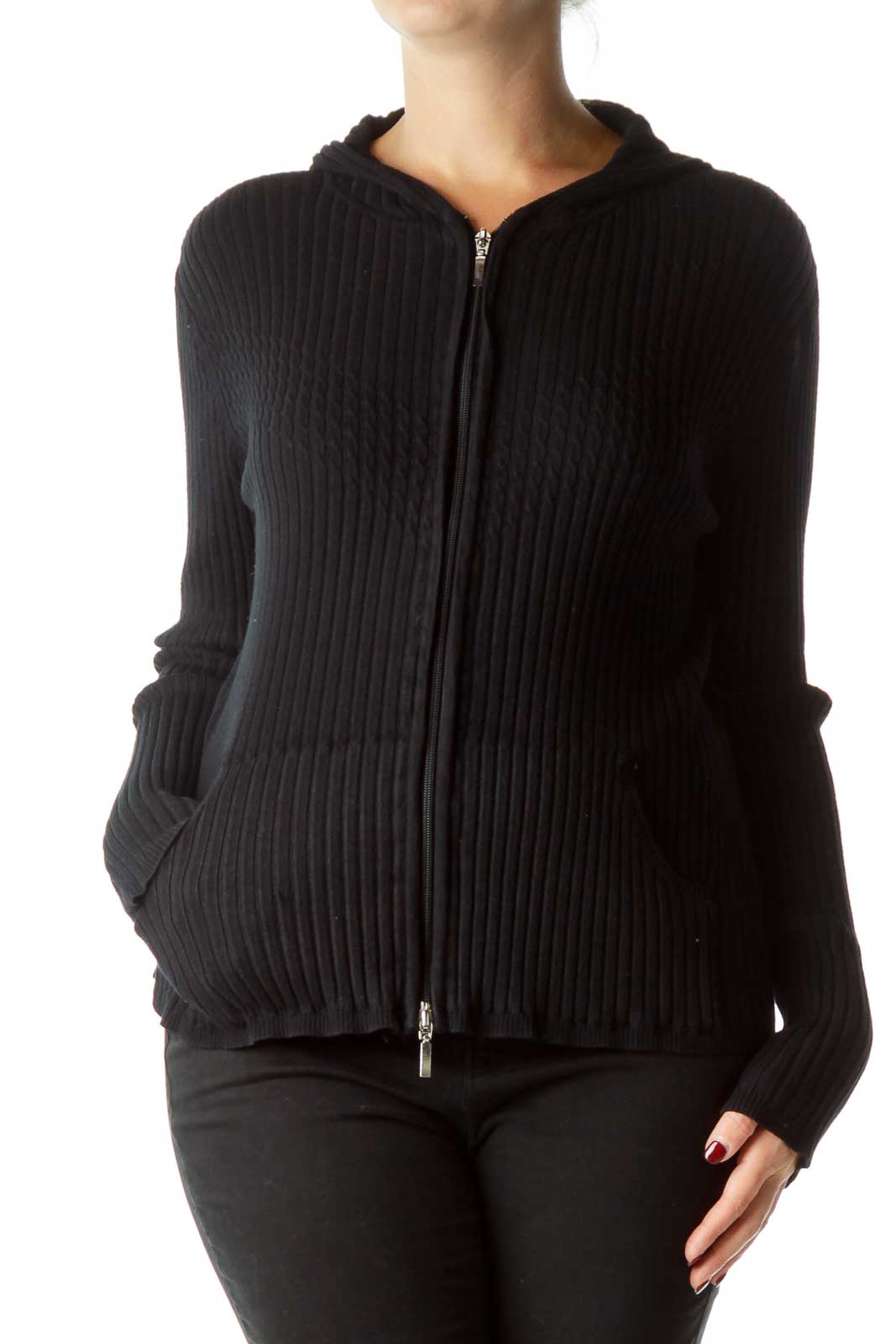 Black Hooded Zippered Cardigan Front
