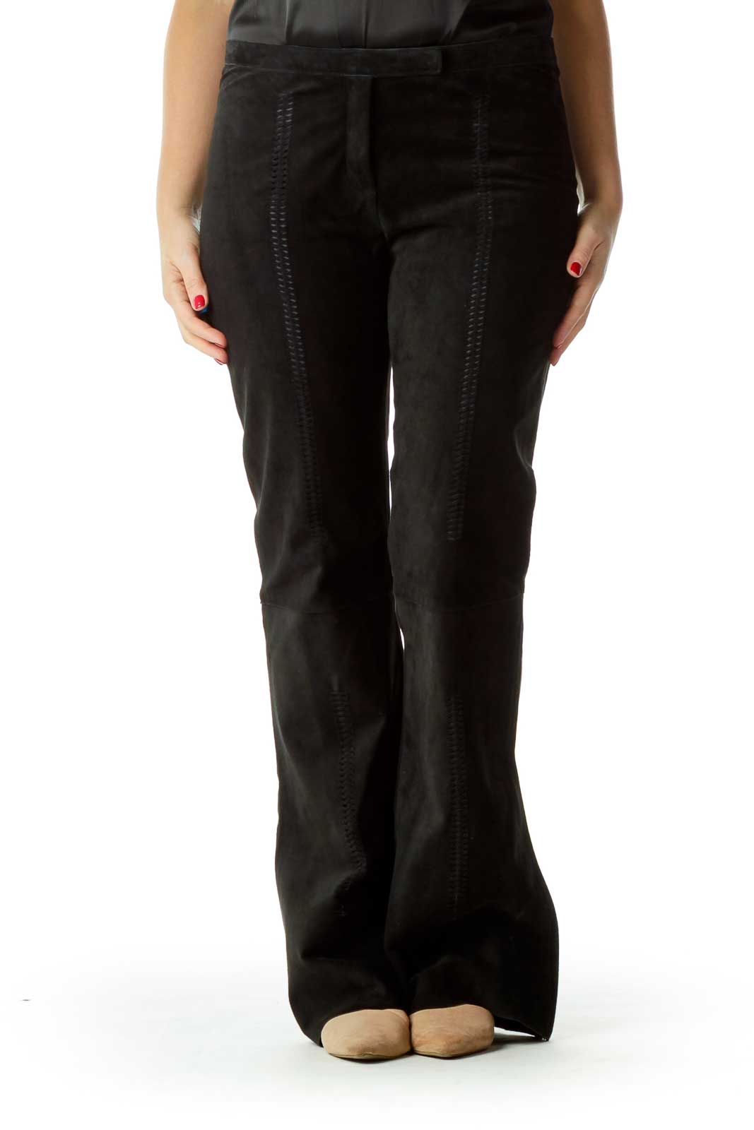 Black Stitched Suede Flared Pants Front