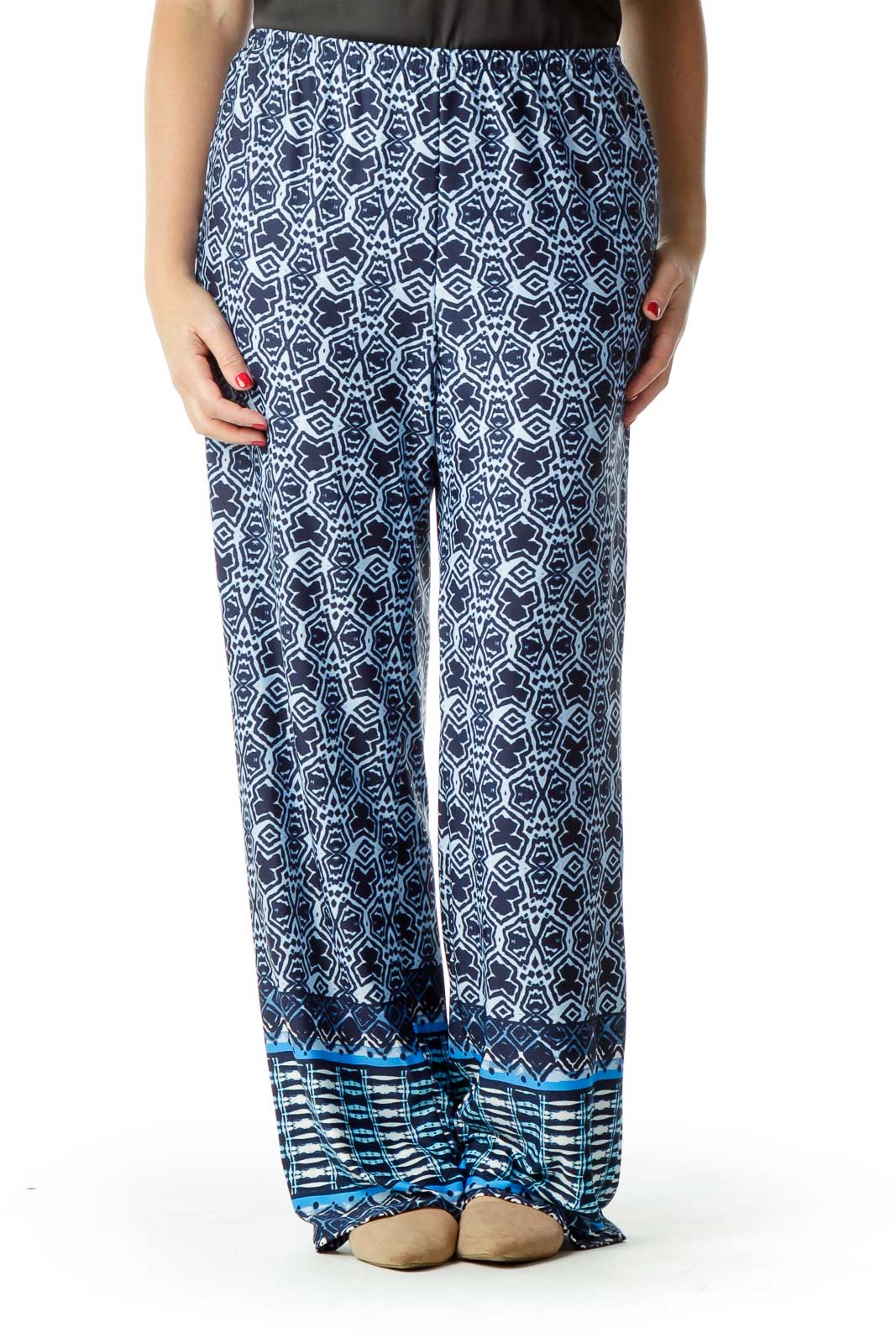 Navy Blue Printed Wide-Leg Pants Front