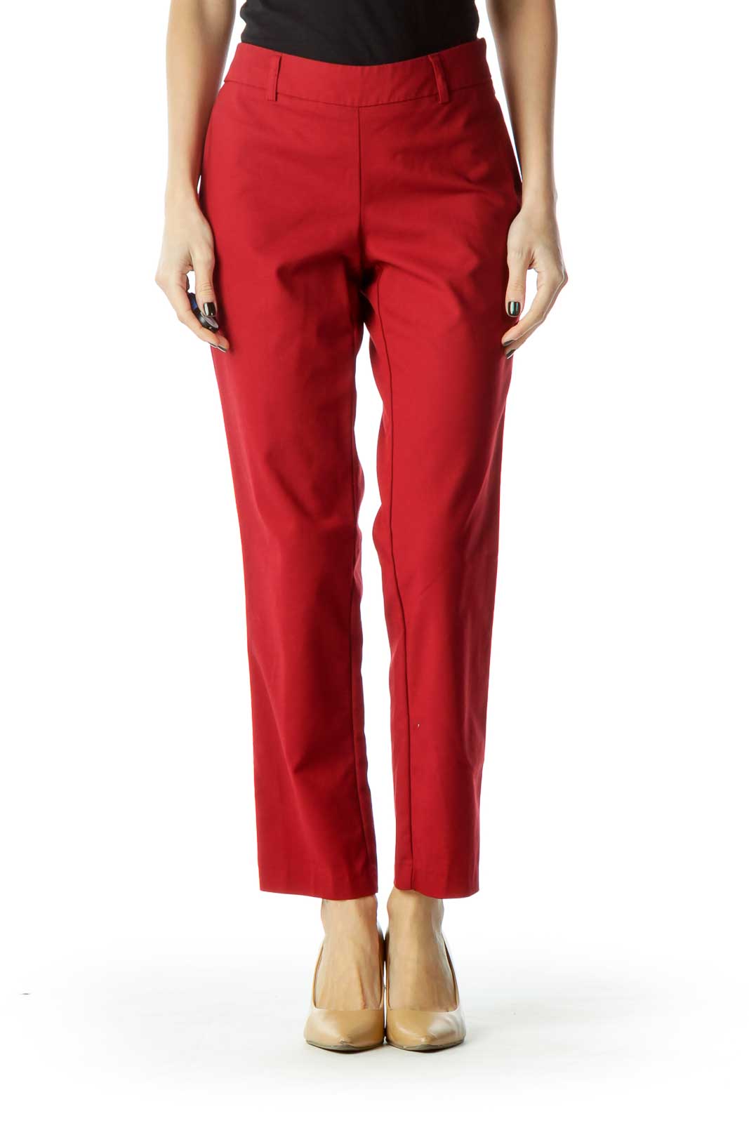 Red Straight-Leg Fitted Slacks Front