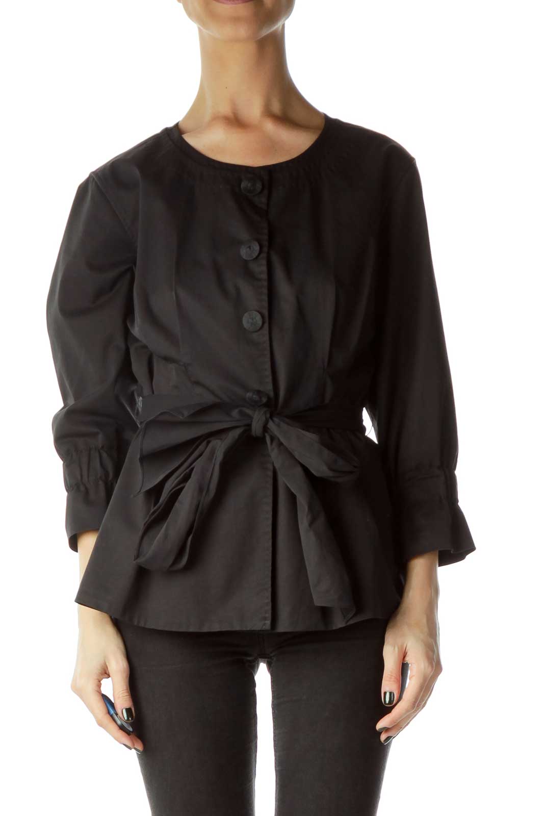 Black 3/4 Sleeve Fitted Jacket Front