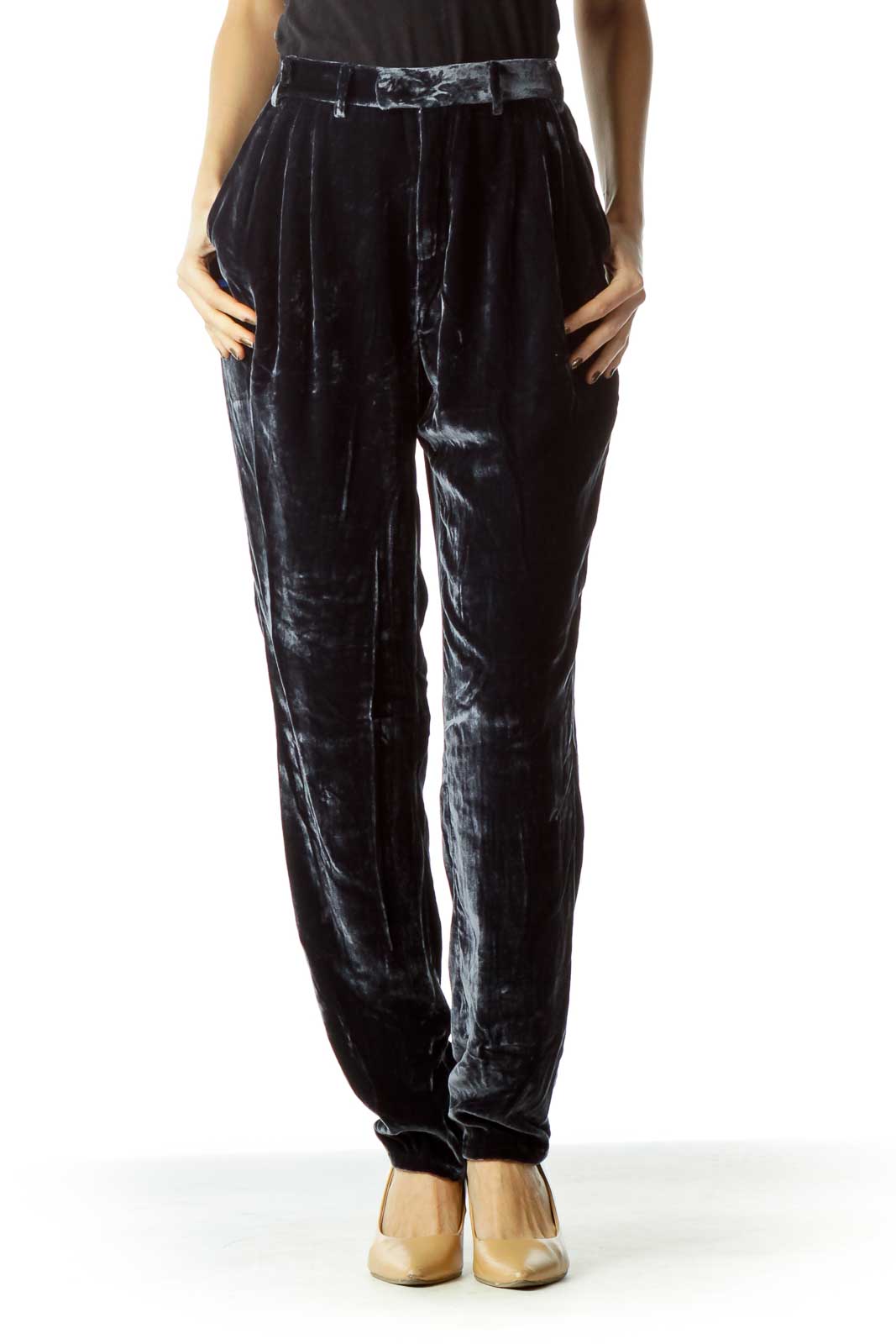Dark Blue Velvet Pocketed Pants Front