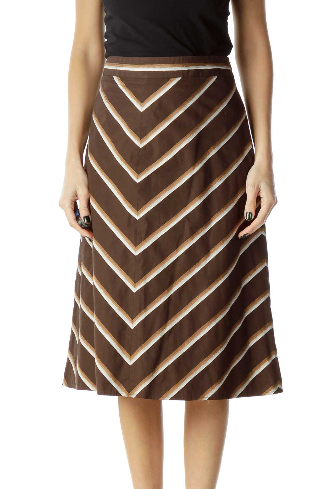 Brown Chevron A-Line Skirt Front