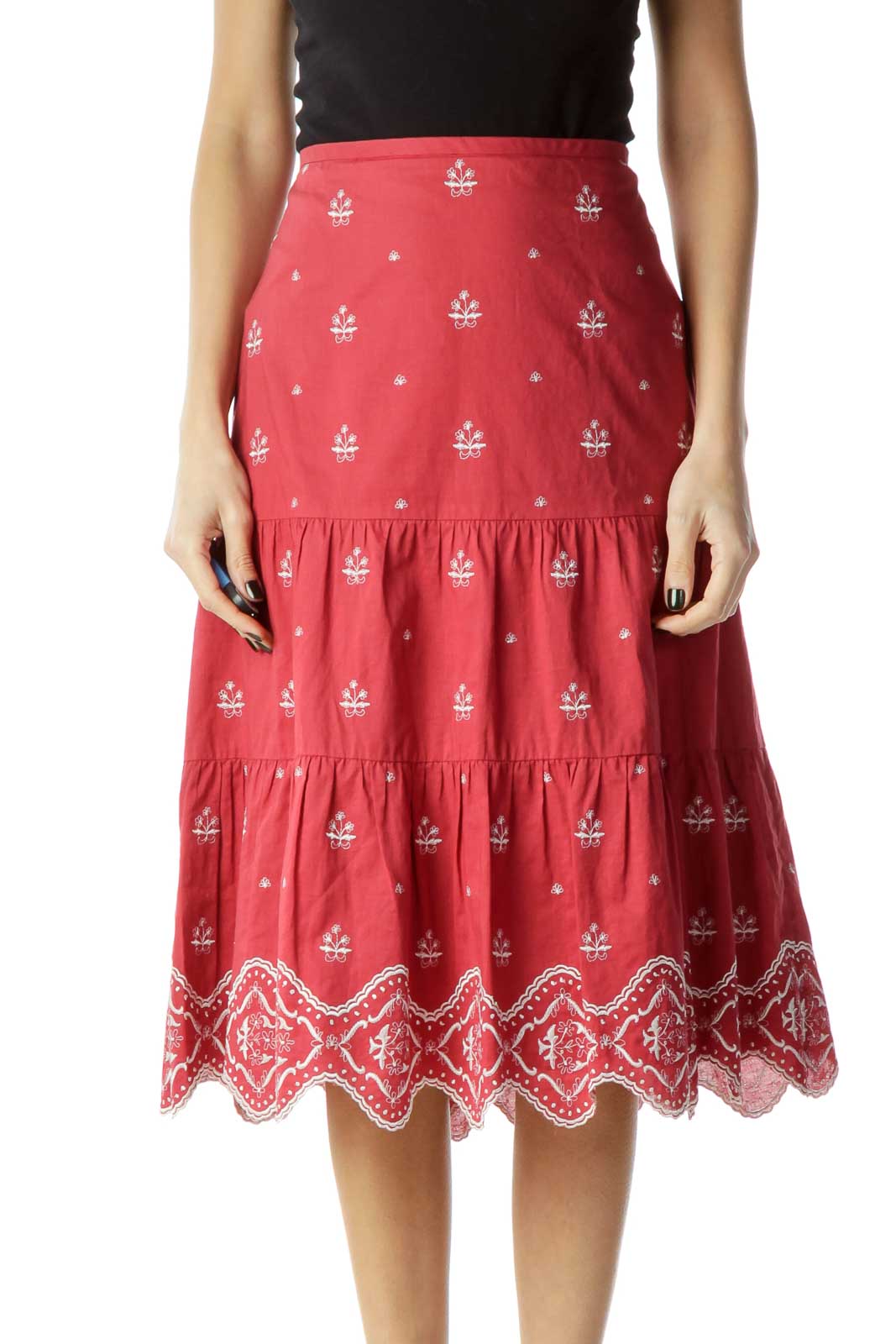 Red White Pleated Embroidered Skirt Front