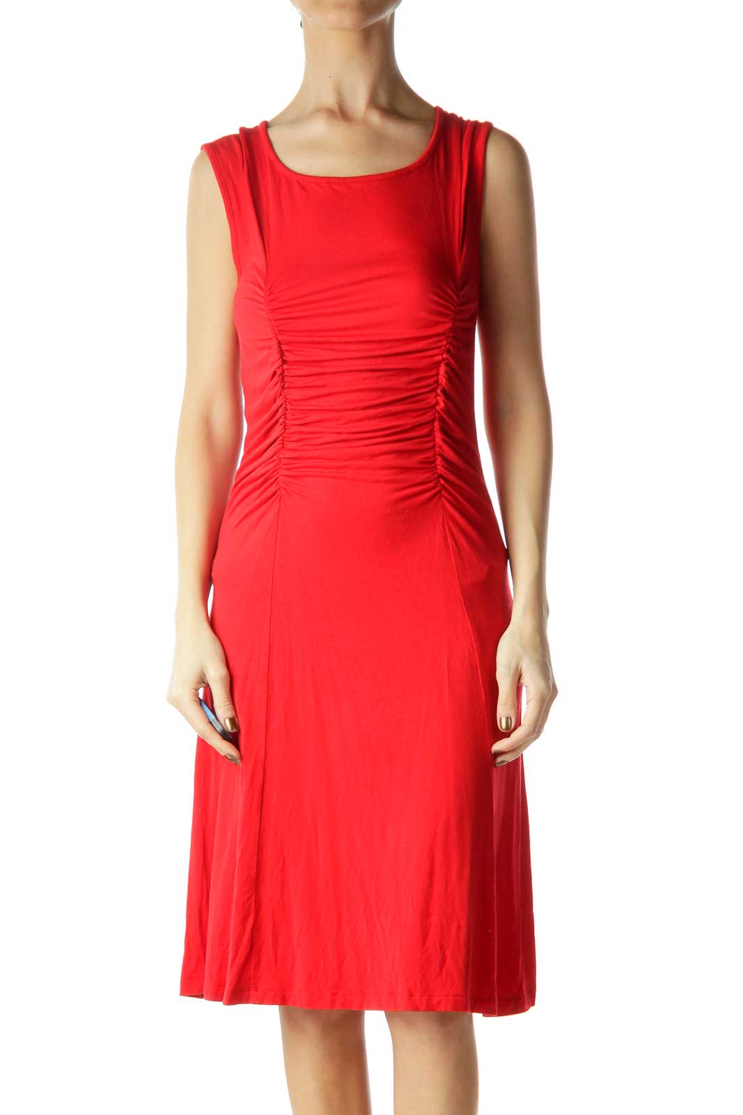 Red Sleeveless Ruched Jersey Dress Front