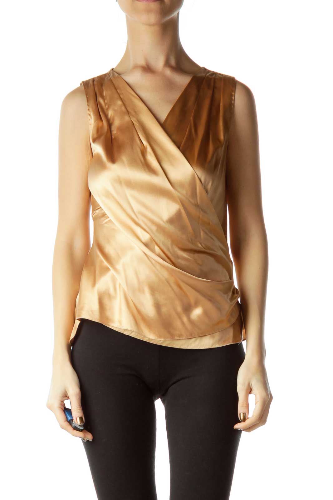 Gold Sleeveless Wrap Blouse Front