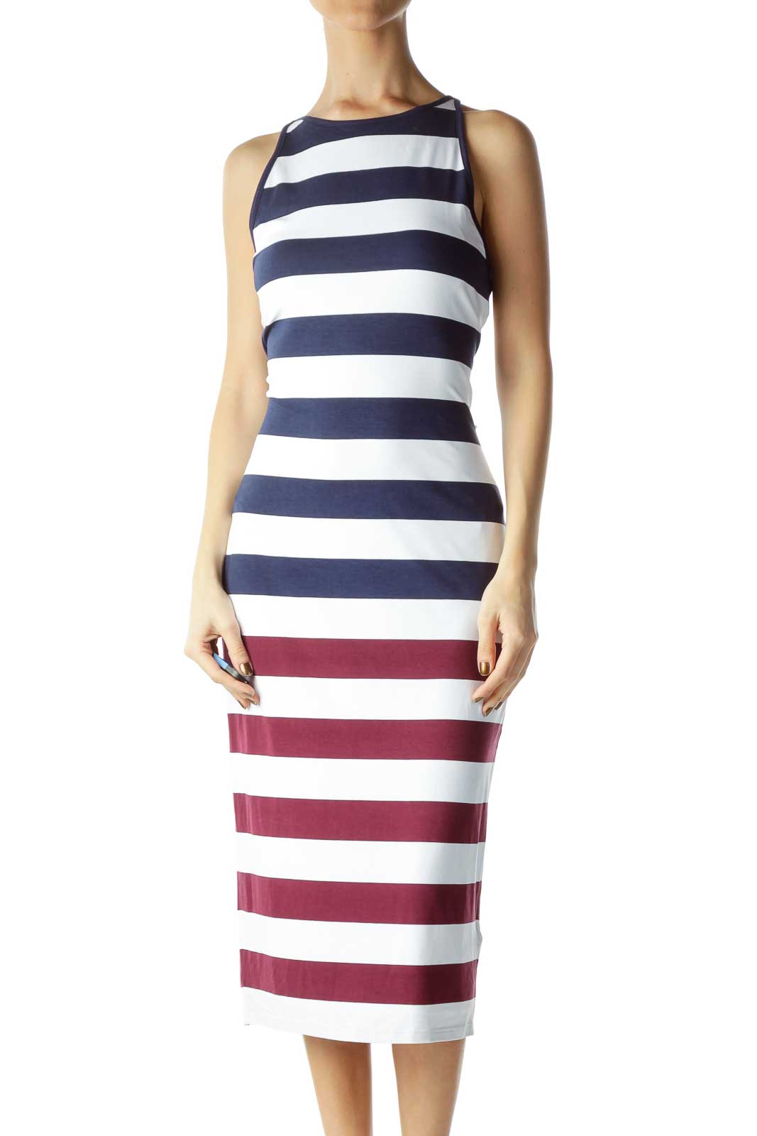 Burgundy Blue Striped Maxi Dress Front