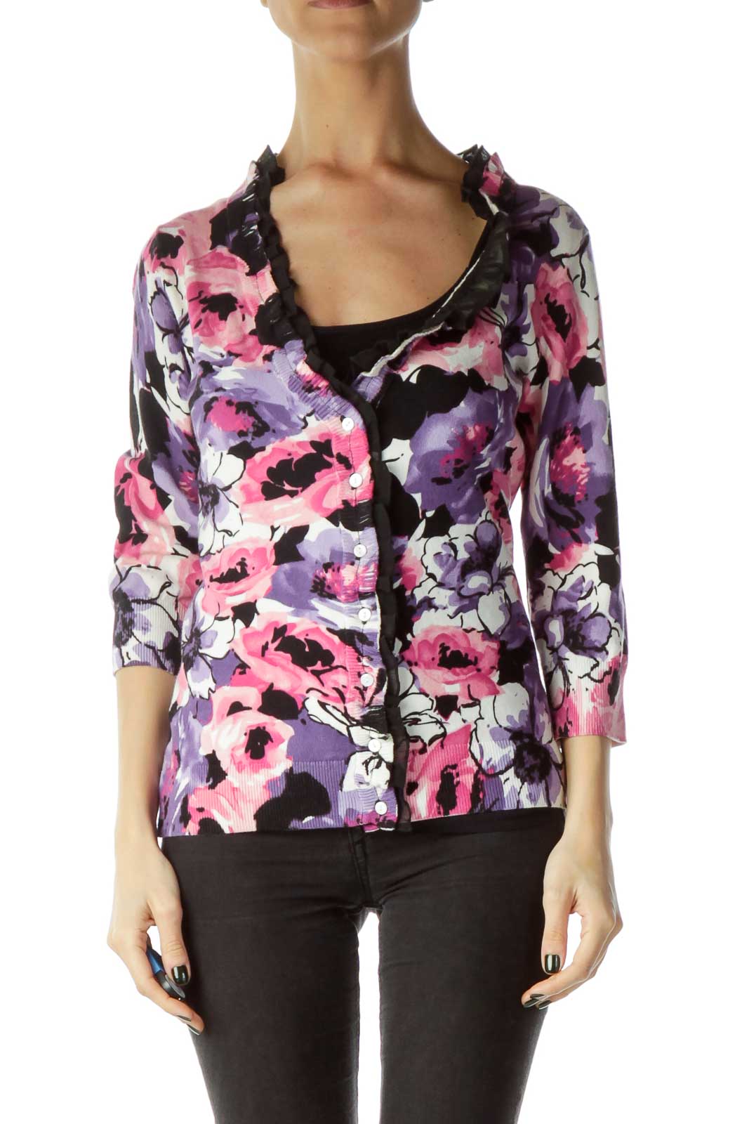 Pink Floral Print Round Neck Ruffled Cardigan Front