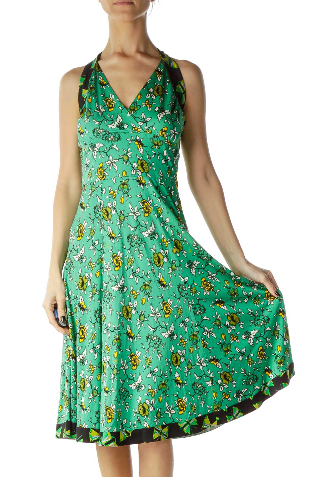 Green Printed Halter Day Dress Front