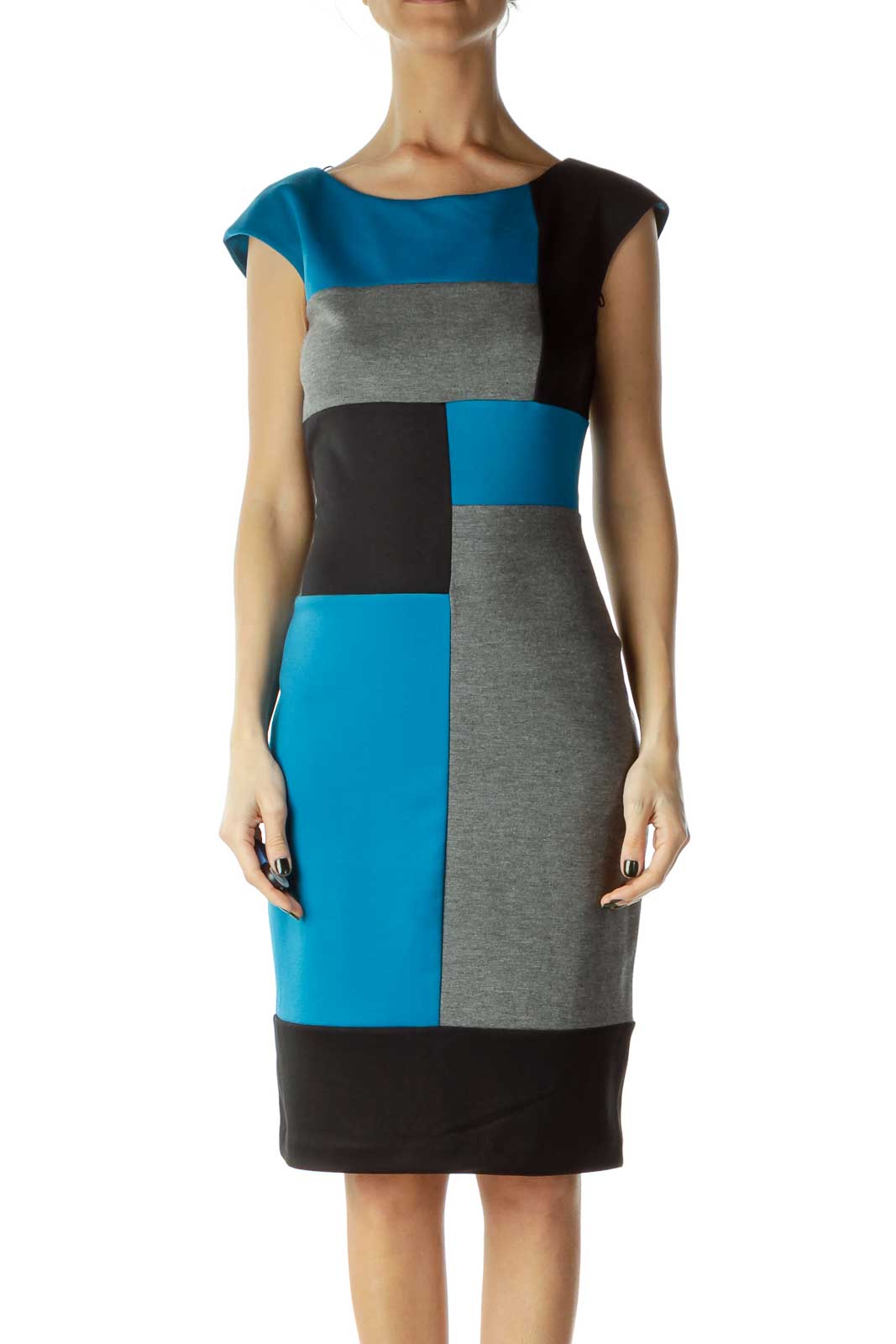 Gray Blue Color Block Sheath Dress Front