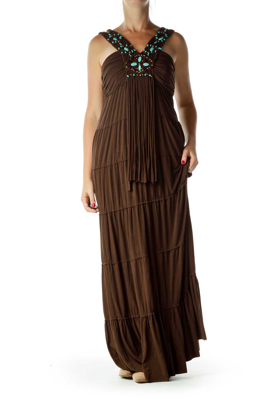 Brown Blue Beaded Braided Maxi Dress Front