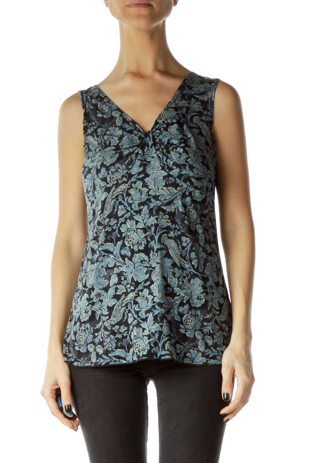 Blue Printed Sleeveless Top Front