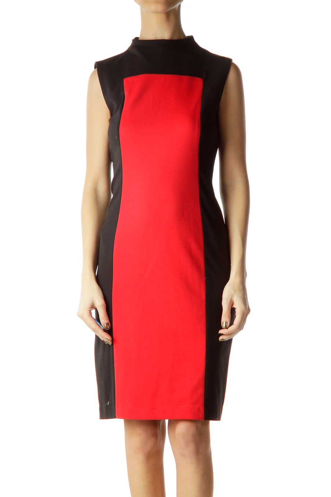 Calvin Klein - Red Black Sleeveless Colorblock Dress Polyester Rayon  Spandex | SilkRoll