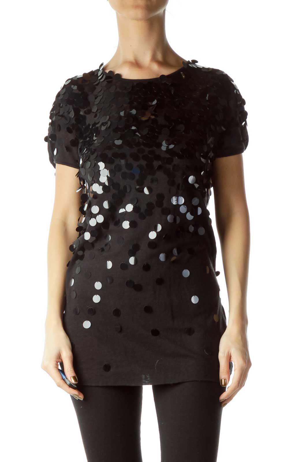 Black Sequined Loose Short-Sleeve Top Front