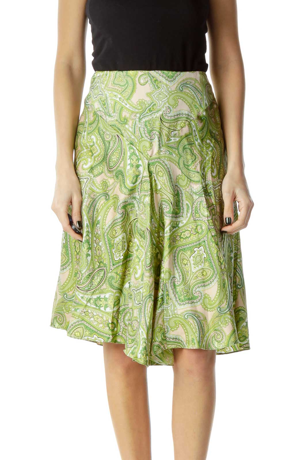 Green Silk Pleated Paisley Print Skirt Front