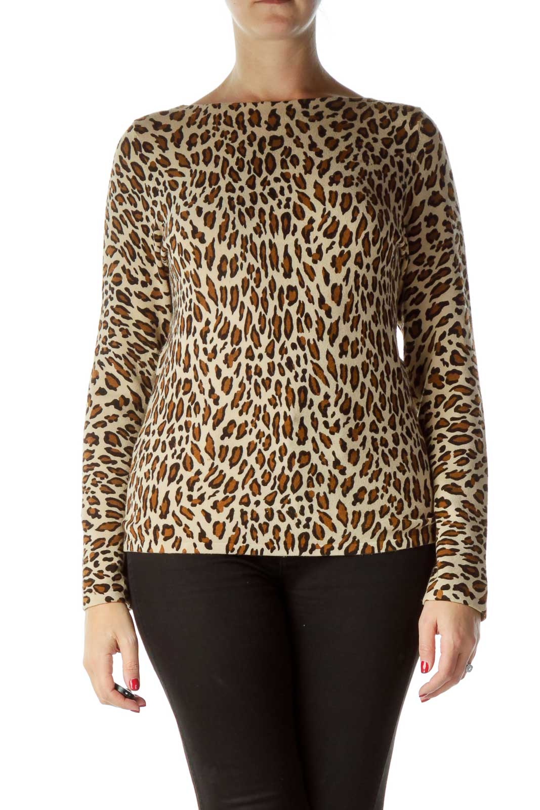 Brown Leopard Print Boat Neck Sweater Front