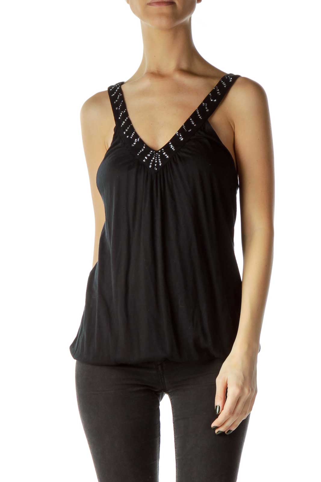 Black White Striped Casual Tank Top with Lace Trim