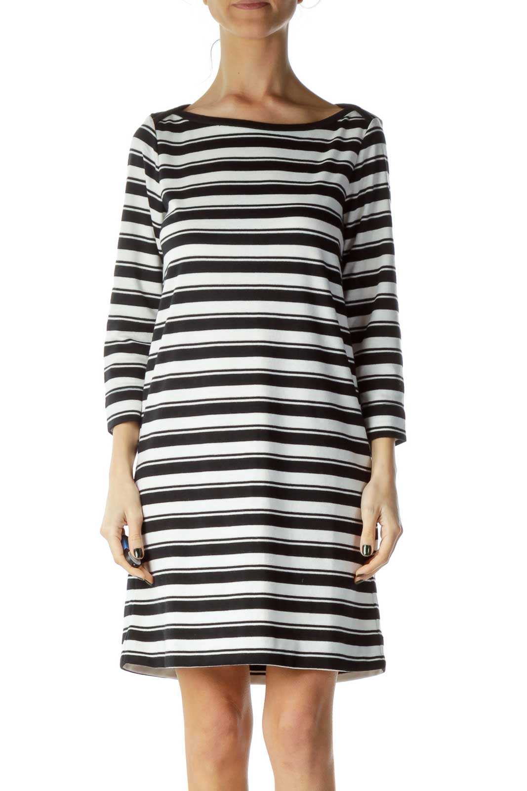 Black White Striped 3/4 Sleeve Knit Dress Front