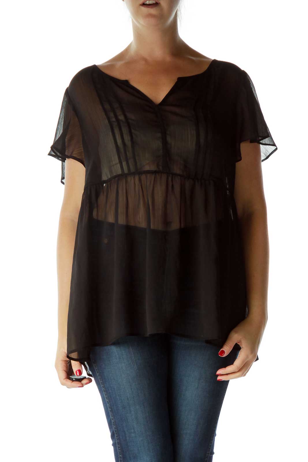 Black See-Through Knitted Flared Blouse Front