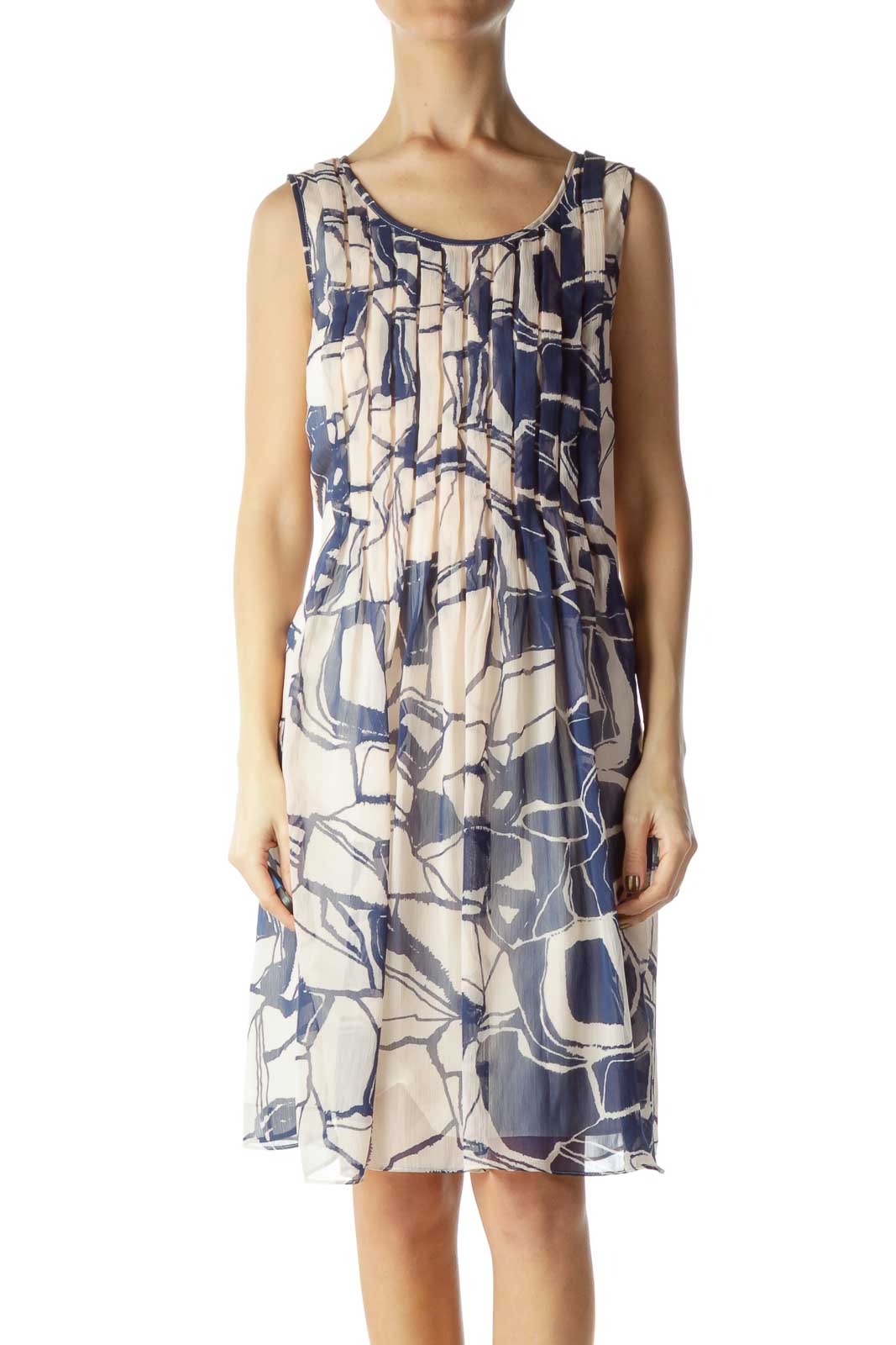 Cream Navy Print Pleated Tent Dress Front