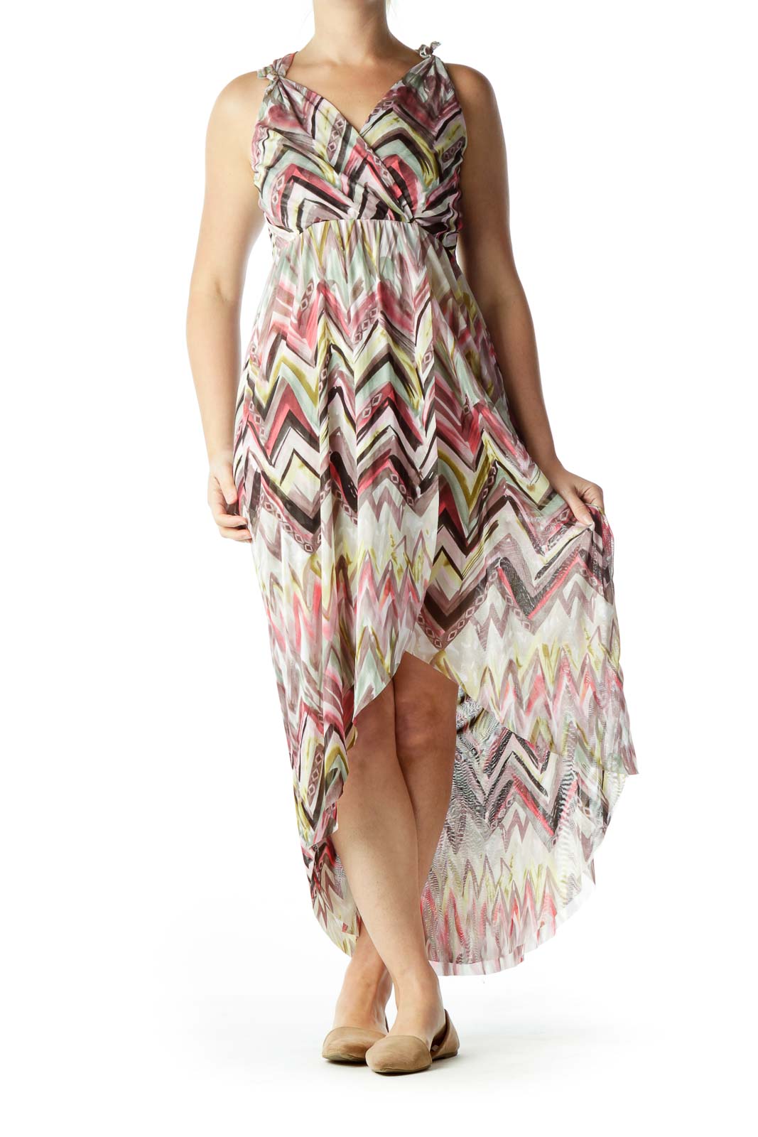 Multicolored V-Neck High-Low Dress Front