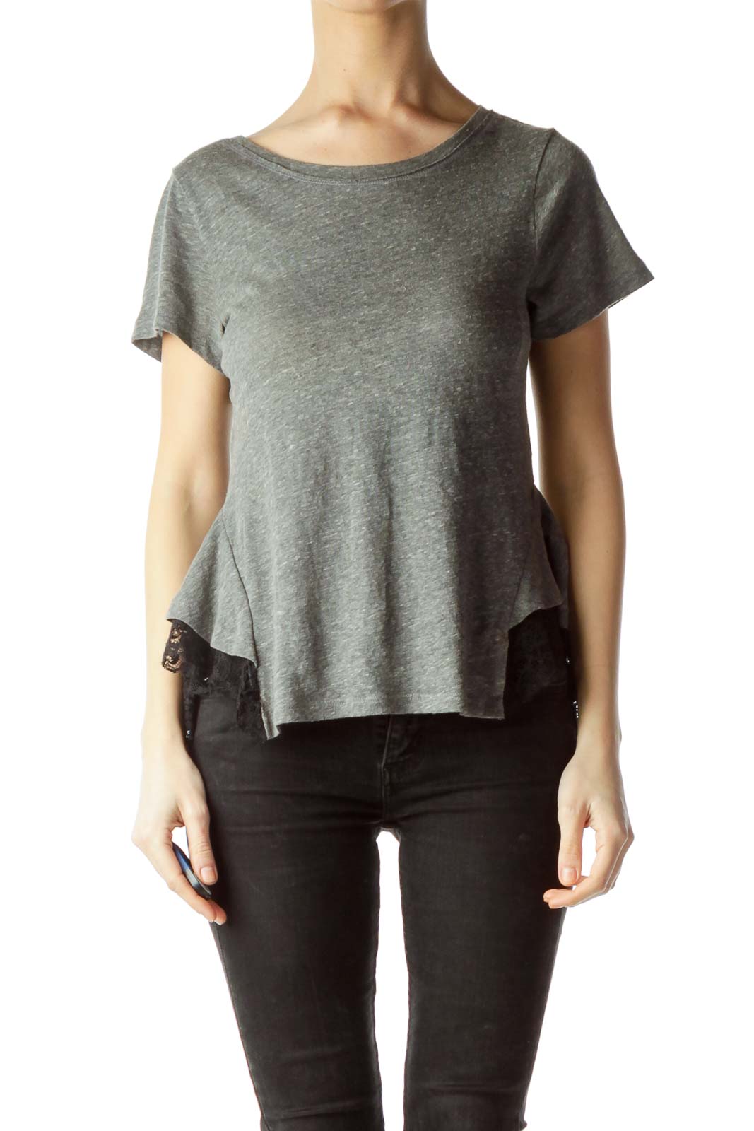Gray Black Lace Short Sleeve T-Shirt Front