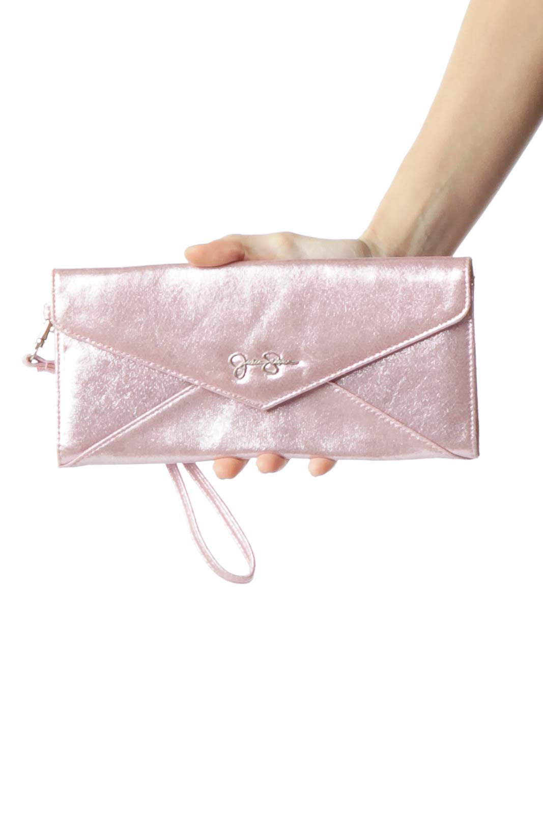 Pink Metallic Clutch with Wristlet Front