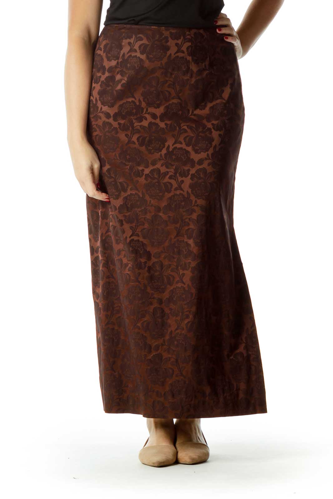 Brown Tonal Print Maxi Skirt Front