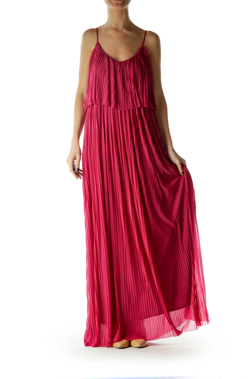 Pink Pleated Maxi Dress Front