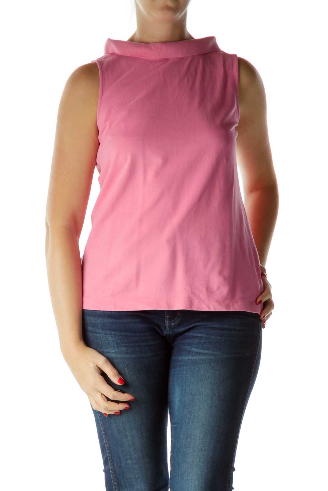 Pink Collared Sleeveless Jersey-Knit Shirt Front