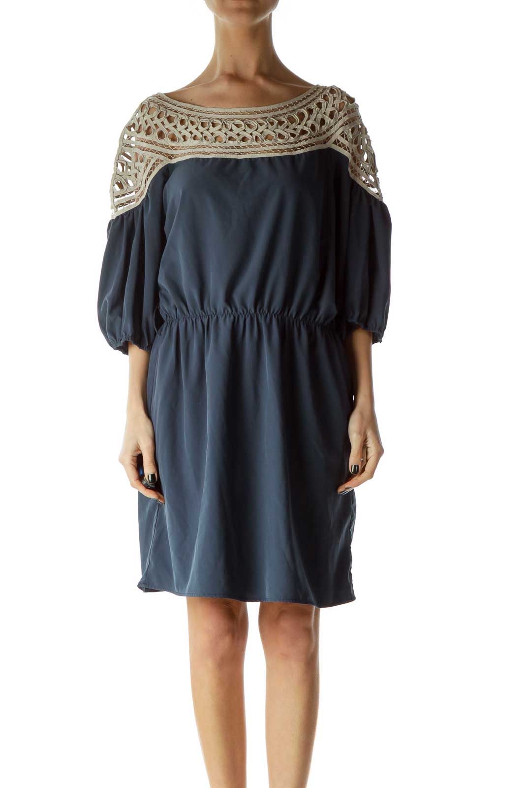 Blue Beige Crochet Detail Day Dress Front