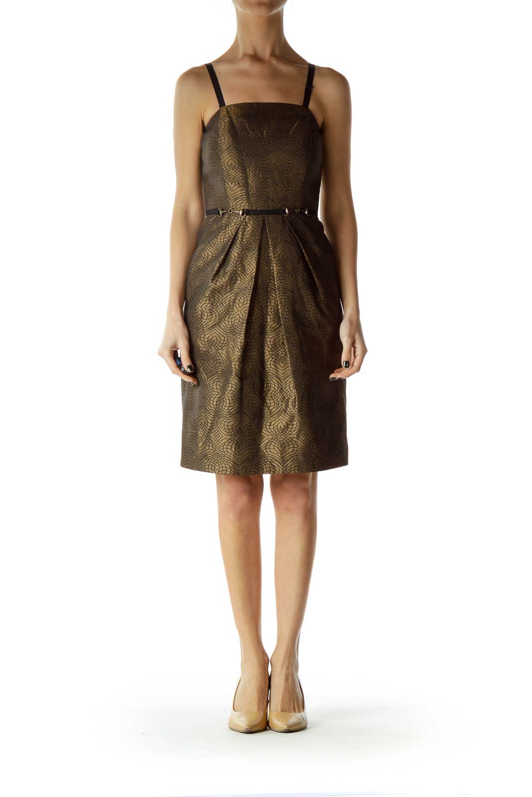 Antonio Melani Brown Metallic Printed Cocktail Dress Cotton