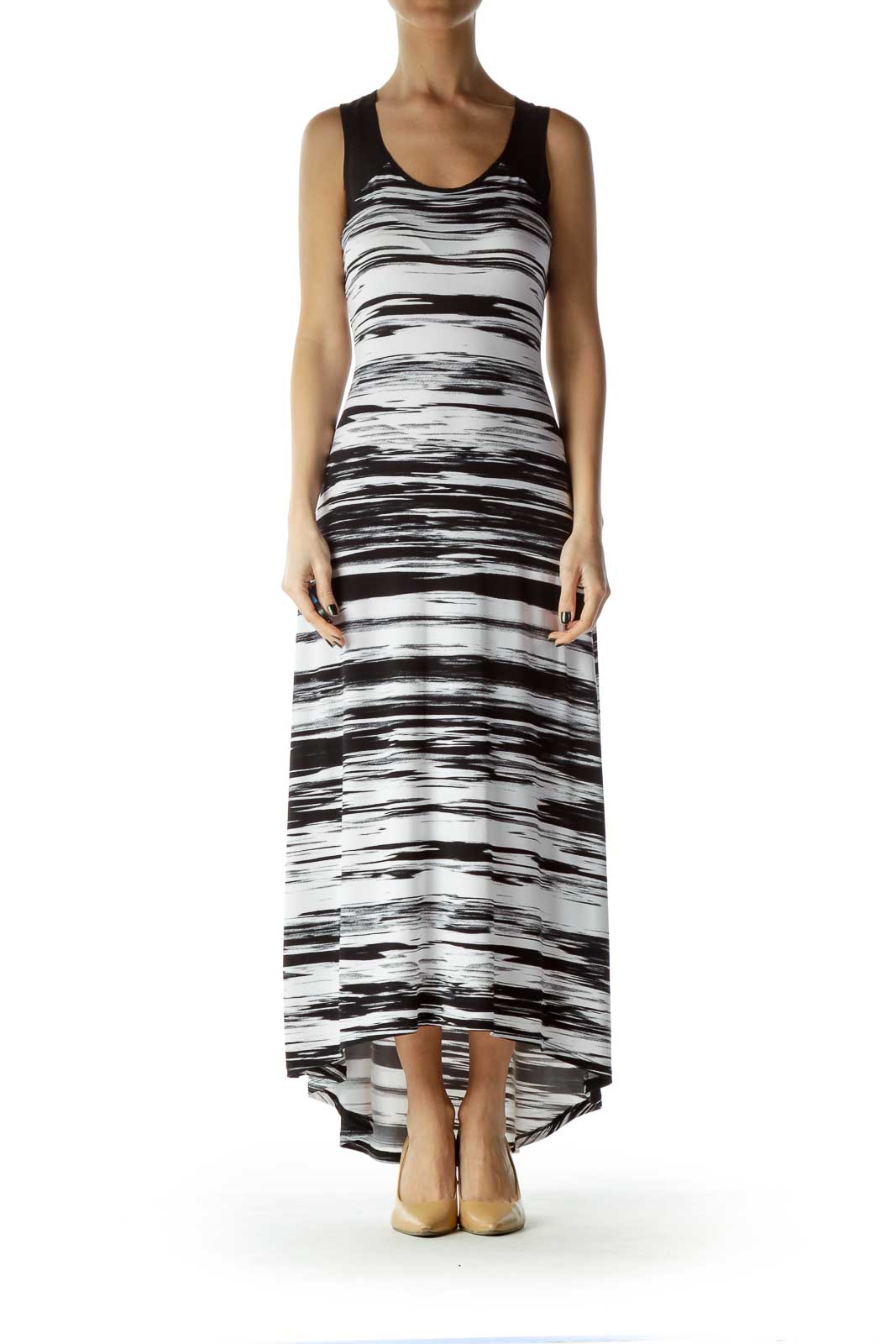 Black White Printed Sleeveless Maxi Dress Front