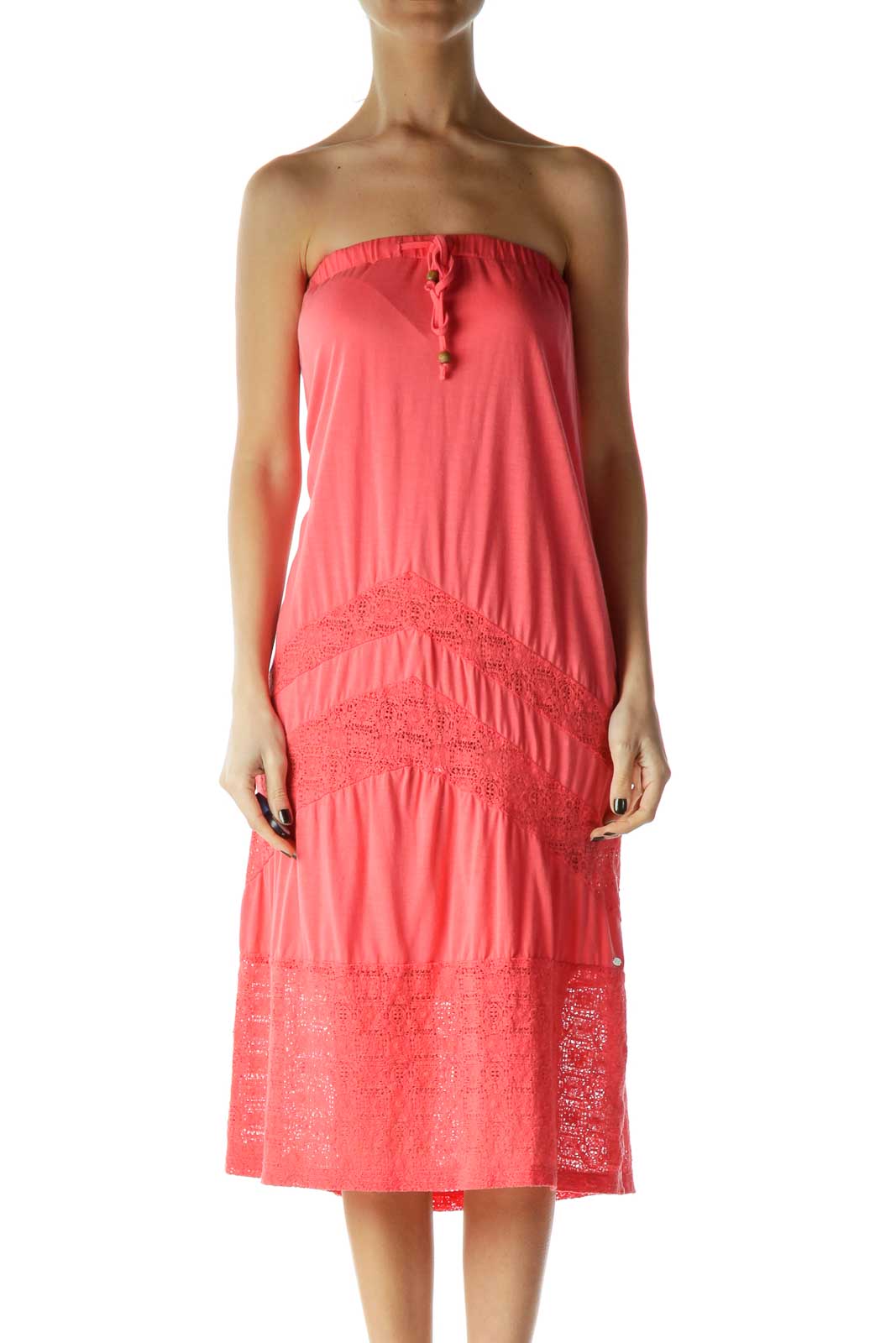 Pink Strapless Jersey Dress with Lace Detail Front