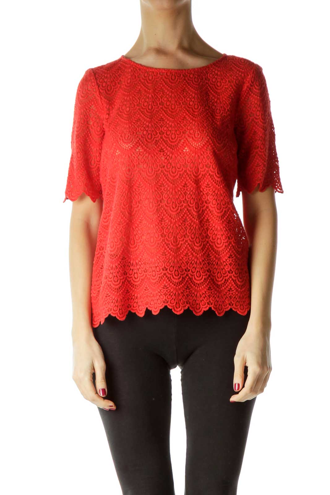 Orange Lace Short Sleeve Top Front