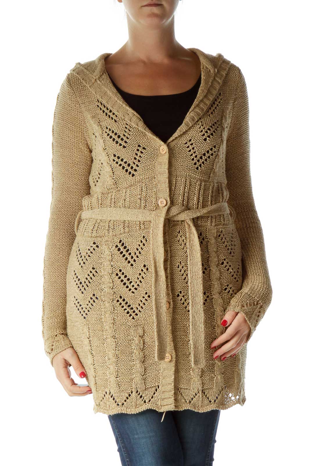 BCBG MaxAzria Beige Hooded Belted Knitted Long Sweater Acrylic