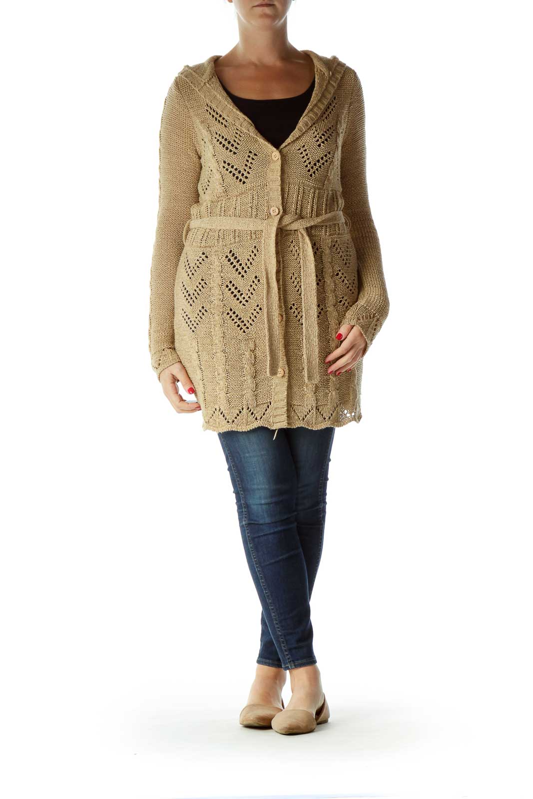 BCBG MaxAzria Beige Hooded Belted Knitted Long Sweater Acrylic