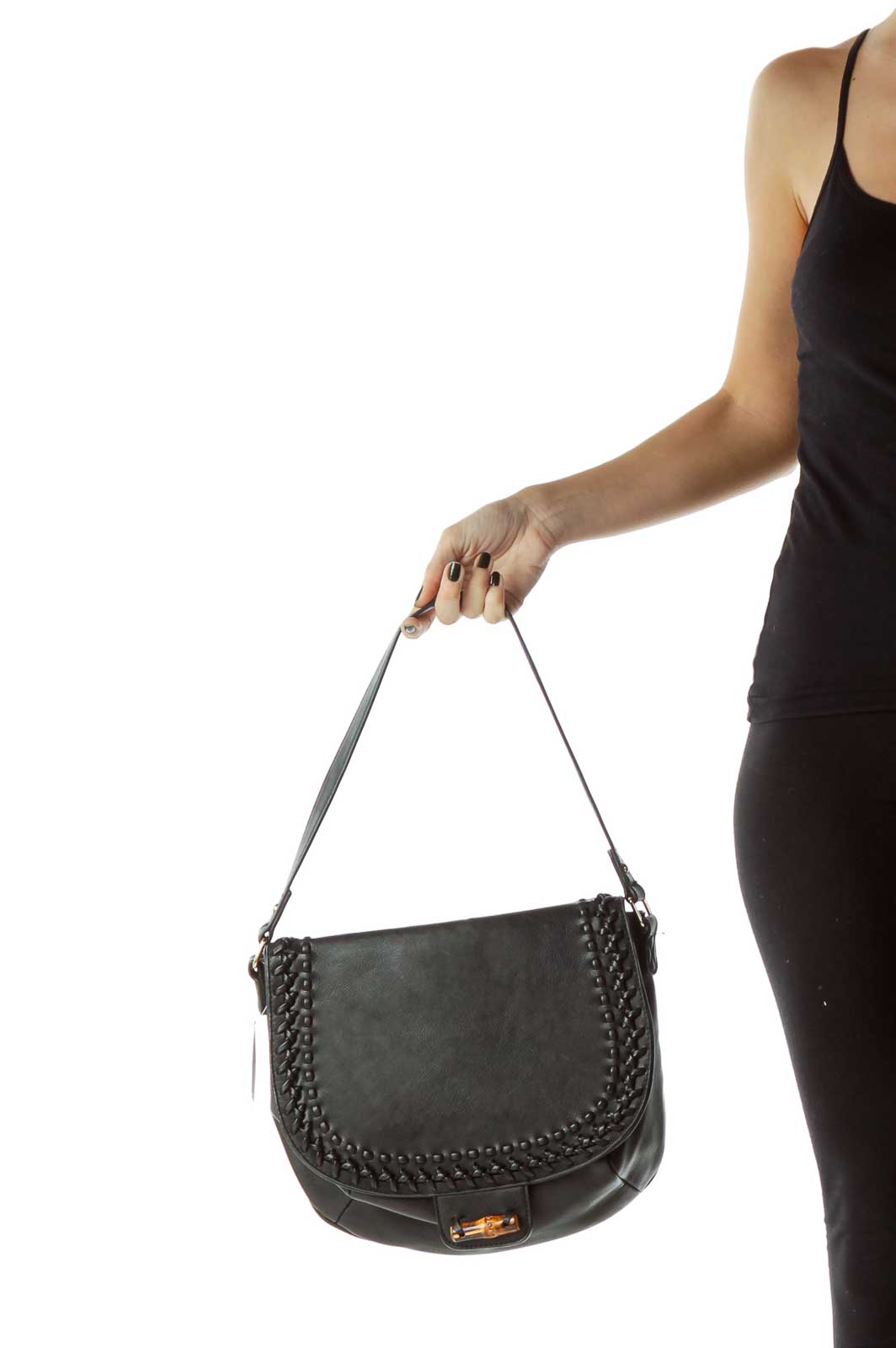Black Flap Faux-Leather Shoulder Bag Front